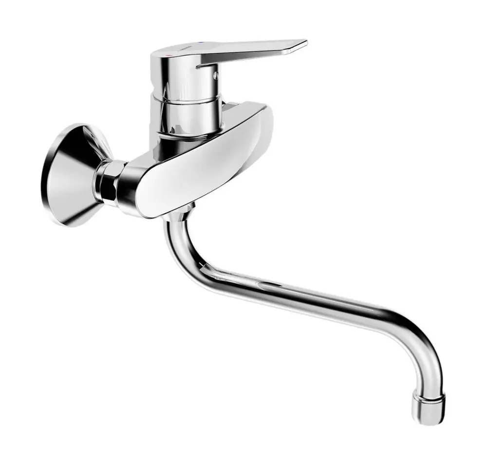 Einhebelmischer aus verchromtem Material von HANSA mit einer langen Ausladung und einem ergonomischen Hebel, geeignet für Kücheninstallationen.